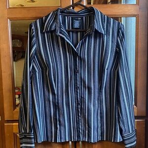 Shimmery Black and White Striped PL Elegant Button Down Blouse Office Career
